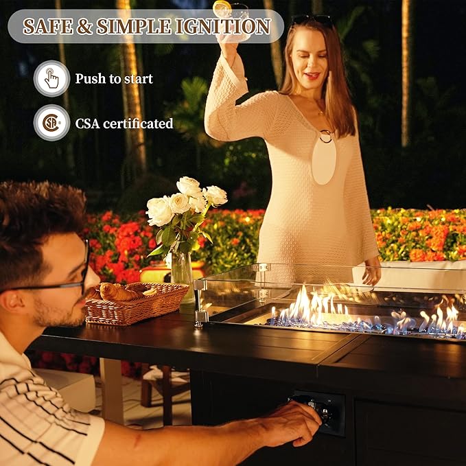 PIZZELLO 60 Inch Propane Firepit Table - Outdoor Rectangular Aluminum Fire Table w/Wind Guard - 50000 BTU Gas Fire Pit with Glass Beads and Waterproof Cover
