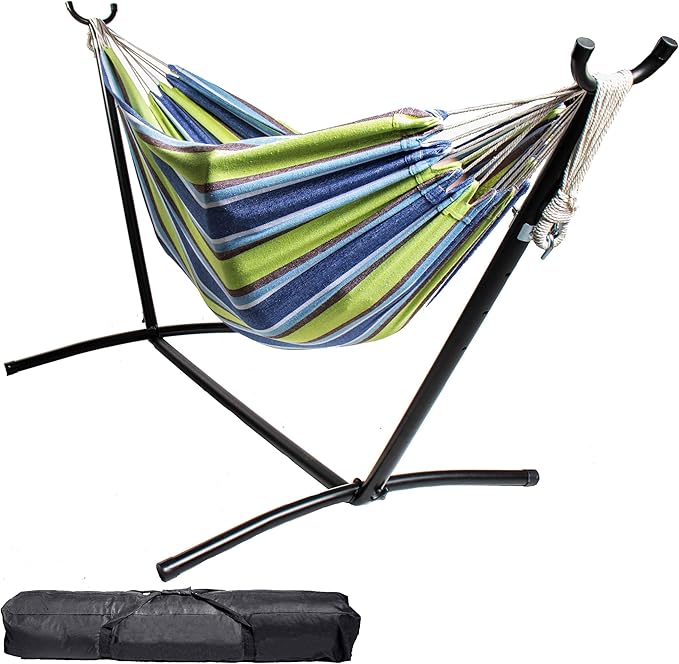 Backyard Expressions Double Camping Hammock with Steel Stand &amp Carrying Bag Adjustable Height Ultra Soft Cotton Blend 550 lb Capacity Indoor &amp Outdoor Portable Hammock
