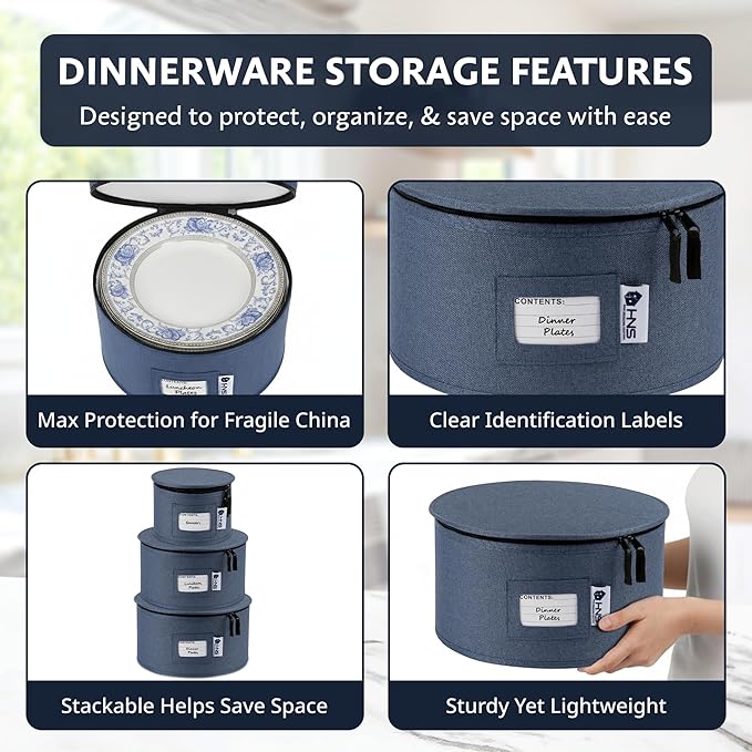 Dinner Plates Storage Container - Hard Shell China Organizer with Dividers - Holds 12 Plates of 12 - Durable &amp Stackable Storage Box for Seasonal Dishware Protection - Denim Blue
