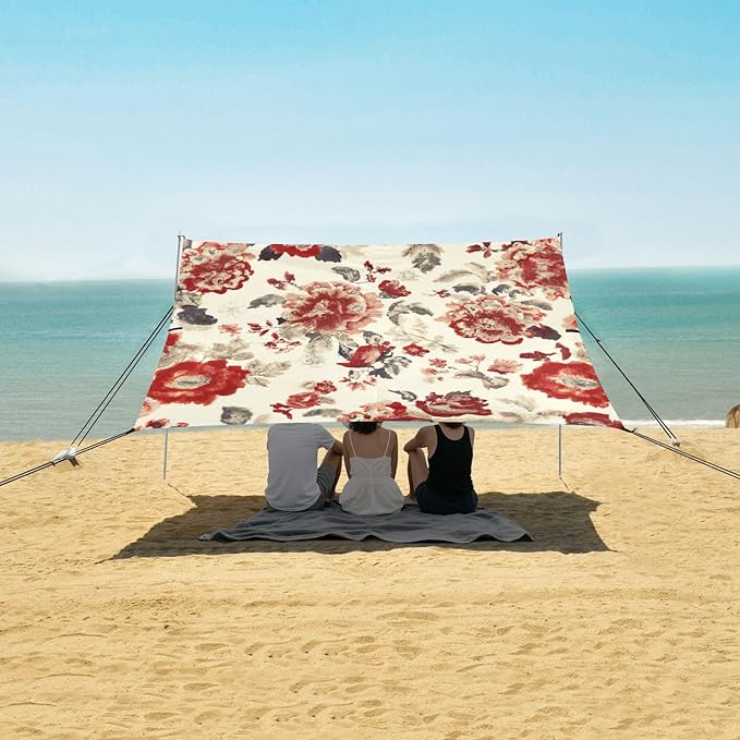 Vintage Floral Red Beach Tent Sun Shelter Set UPF50+ UV Protection 10.5 x 9.19 FT Camping Shade Canopy with Sandbags Sand Anchors Carrying Bag and Others