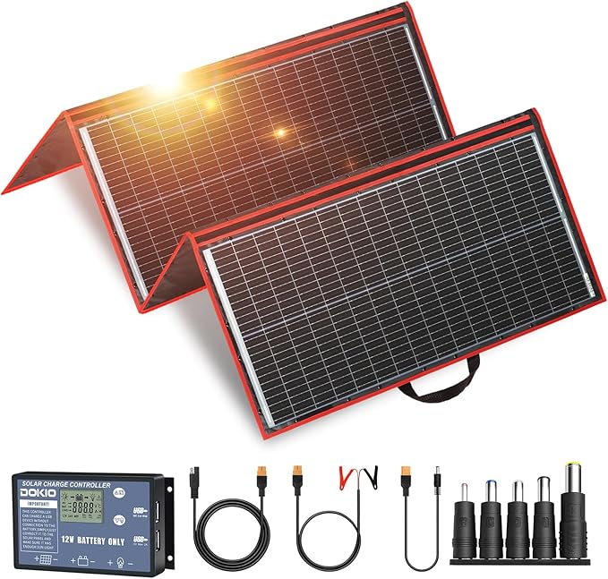 DOKIO 300W Portable Foldable Solar Panel Kit Compact 19.3x37.4in Design 15.2lb with Standalone Controller and USB Monocrystalline Charger for 12V Batteries Power Stations RV Camping Emergency Use