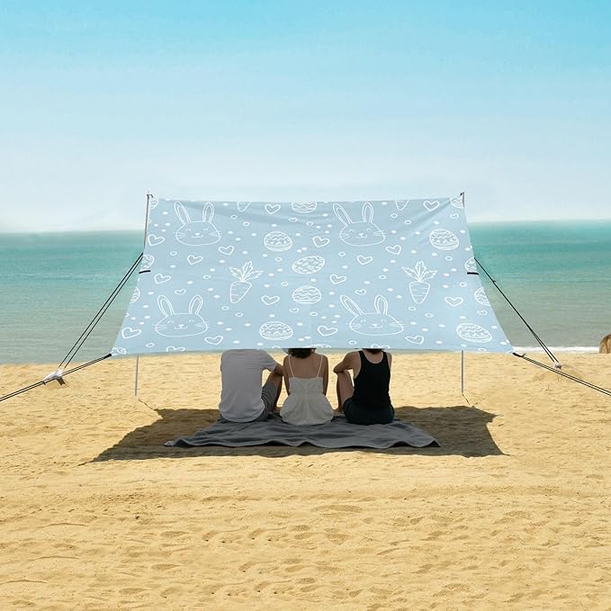 xigua Easter Bunny Beach Tent Sun Shelter with Carrying Bag - Silver Coated Oxford Fabric Beach Canopy for Beach Camping Fishing - Includes Windproof Ropes Sandbags &amp Stakes