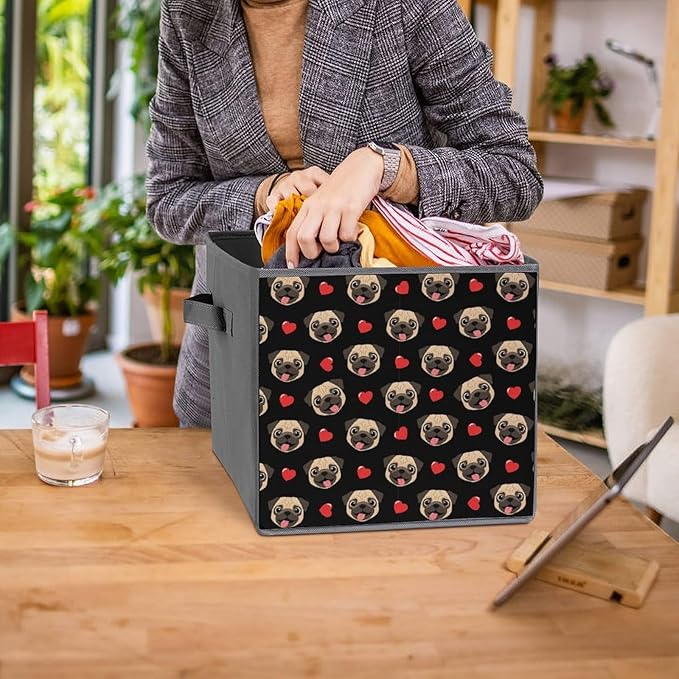 Space-Saving Fabric Storage Cubes Puppy Dog Pugs Gifts Pug Lovers Collapsible Baskets with Handles Stylish Storage Solution for Home