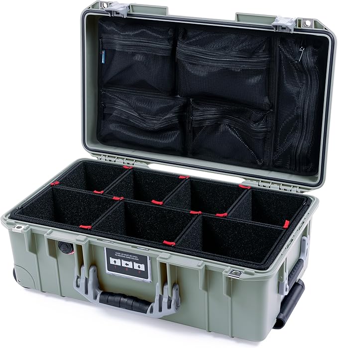 Pelican Air 1535 Carry-On Sage Green - Medium Size Waterproof Case with TrekPak Kit and Mesh Lid Organizer - Silver Handles &amp Latches