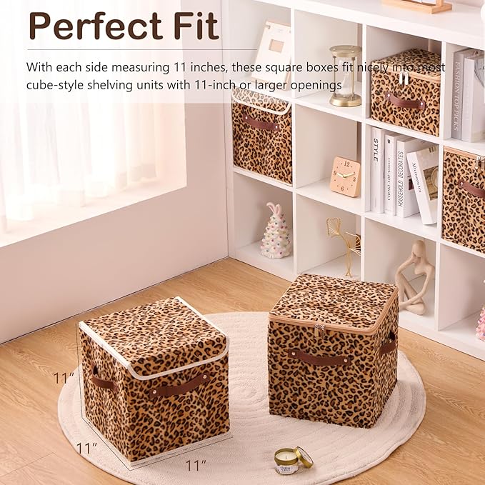 2PCS Storage Cubes with Flip-top Lid 11 Inch Leopard Print Velvet Fabric Cute Decorative Storage Bins Boxes PU Leather Handles Closet Organizer Container Foldable Washable Shelf Basket