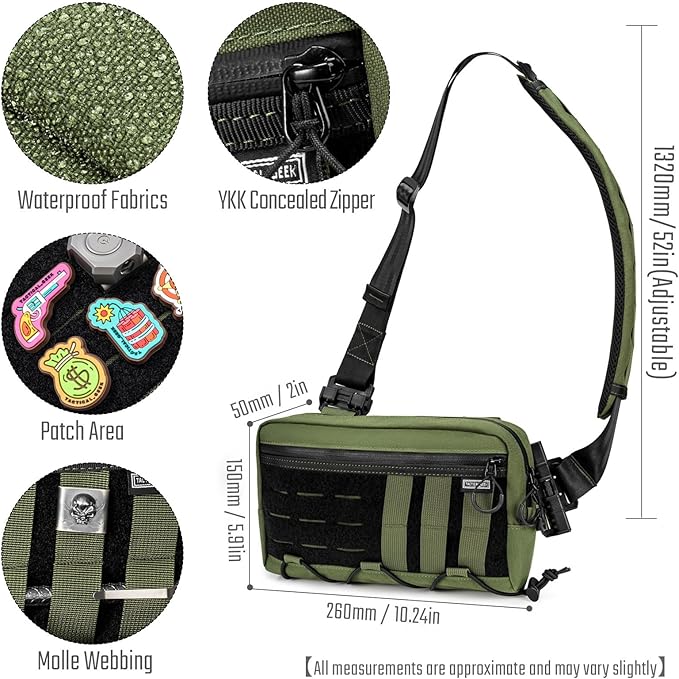 TACTICAL_GEEK Cache L3 EDC Sling Bag Chest Lightweight Shoulder Daypack 500D Nylon Travel Hiking Concealed CarryCrossbody Bag Tactical Backpack Hiking Ambidextrous Strap Green