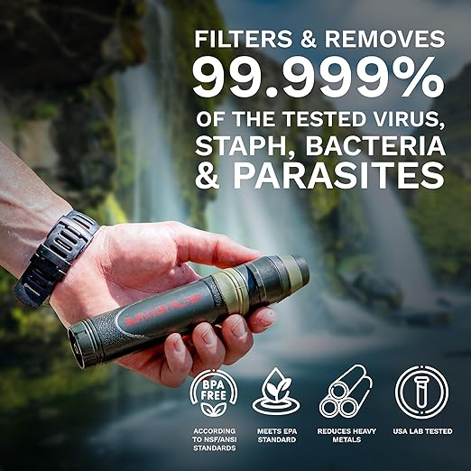 Survivor Filter Emergency Water Straw – USA-Tested – 0.05 Micron Filtration – Portable Outdoor Water Filter for Camping &amp Hiking - No Expiration