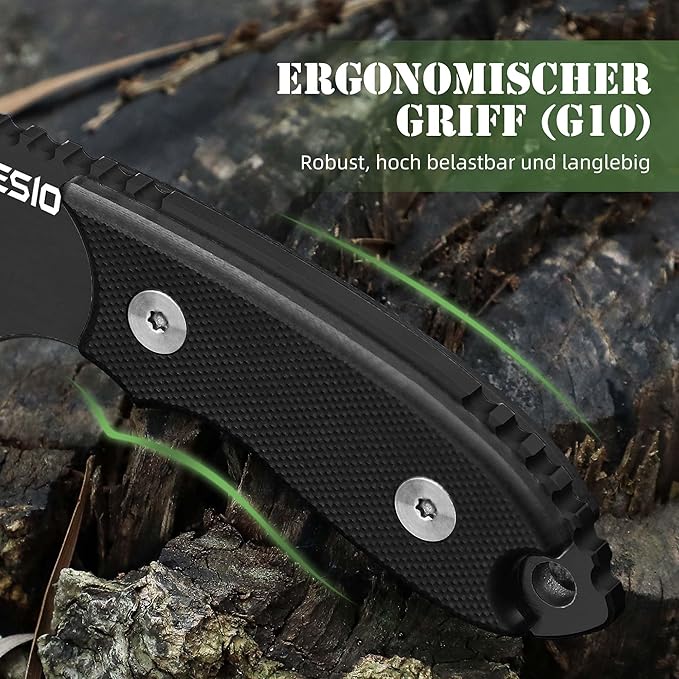Omesio Neck Knife 5.43 Neck Knife with Sheath and Necklace Full Tang Small Mini Fixed Blad Knife with Clip D2 Steel 2.17-Inch Blade G10 Handle for Camping Tactical (Black Handle + Black Blade)