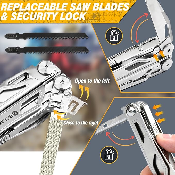 BIBURY Multitool Pliers Pro BI2045 Stainless Steel Multi Tool Pliers with Replaceable Wire Cutters and Saw Foldable Multitools with Scissors and Screwdriver Ideal for CampingSurvival Repair
