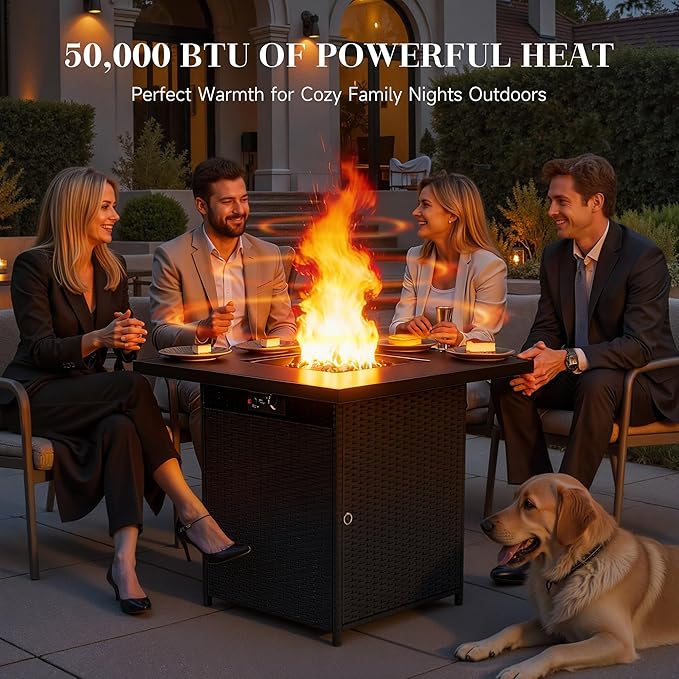 Propane Fire Pit Table 29'' - Easy Push-Turn Ignition Clean Smokeless - Rattan Wicker Outdoor Fire Table with Adjustable Flame 50000 BTU Fire Pit Gas for Patio Garden &amp Backyard Black