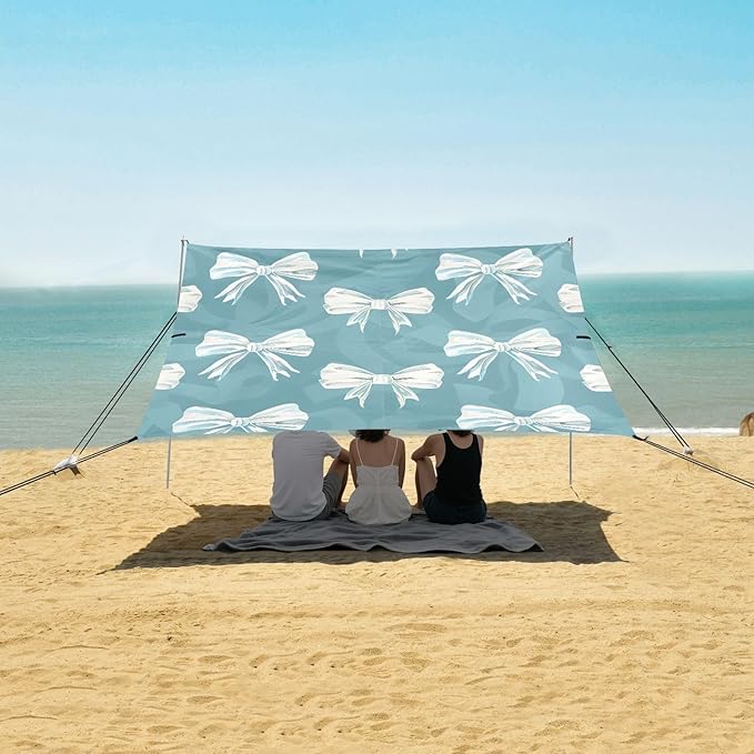 ALAZA White Bow Green Background Pattern Beach Tent Sun Shelter Portable Canopy Sunshade for Outdoor Camping Picnics Backyard Fun 10x9 ft