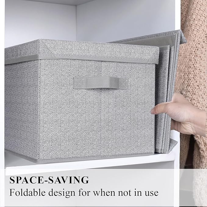 WUIKE 3 Pack Extra Large Foldable Storage Bins with Lids Fabric Storage Bins for Home and Closet Organization Herringbone Gray