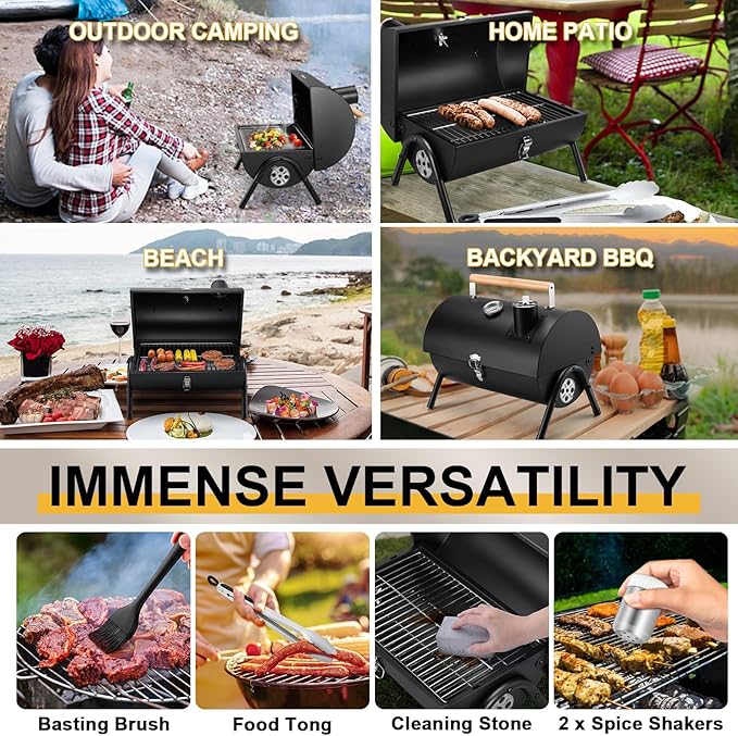 Joyfair Portable Charcoal Grill Set Small Tabletop Barbecue Grill with Accessories Tools for Outdoor Camping BBQ Grilling Backyard Party Cooking Heavy Duty &amp Innovative Design Thermometer &amp