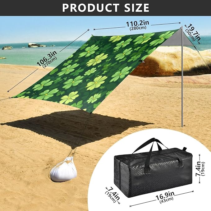 St Patrick's Day Clovers Beach Tent Sun Shelter Set UPF50+ UV Protection 10.5 x 9.19 FT Camping Shade Canopy with Sandbags Sand Anchors Carrying Bag and Others