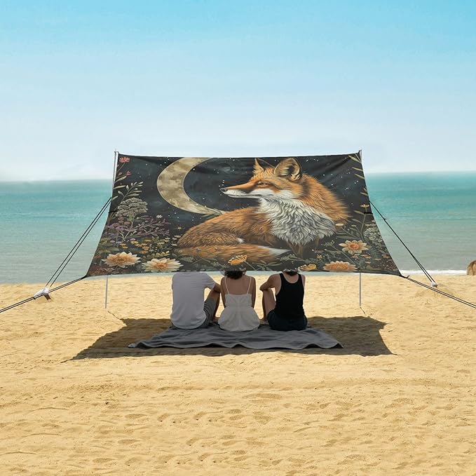 ALAZA Fox Moon Flower Beach Tent Sun Shelter Portable Canopy Sunshade for Outdoor Camping Picnics Backyard Fun 10x9 ft