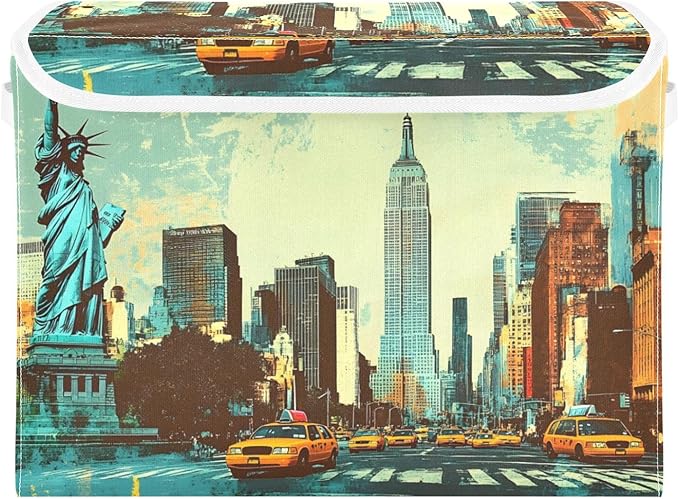 Storage Cube with Lid New York Painting Print 16.5×12.6×11.8 IN Collapsible Large Capacity Foldable Storage Basket Bin Organizer