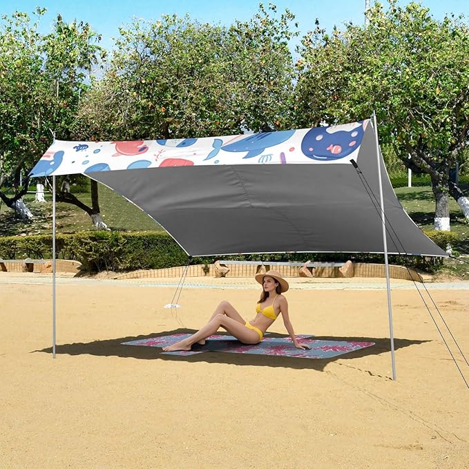 Sea Animals and Ocean Creatures Beach Cabana Tent UPF50+ Protection Water-Resistant Portable Sun Shelter Includes Sand Shovel Sandbags Stability Poles for Camping Fishing Backyard Fun