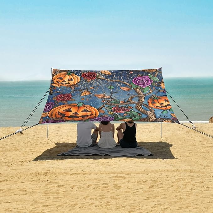 ALAZA Pumpkin Spider Web Beach Tent Sun Shelter Portable Canopy Sunshade for Outdoor Camping Picnics Backyard Fun 10x9 ft