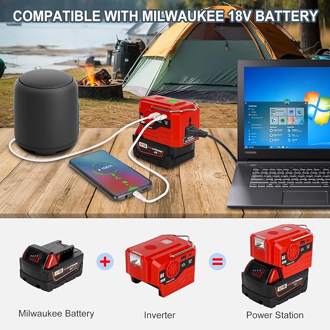 DC 18V to AC 110V Power Inverter for Milwaukee M18 18V Battery 200W Portable Modified Sine Wave Power Inverter Converter with LED Light USB and Type-C Port(No Battery)