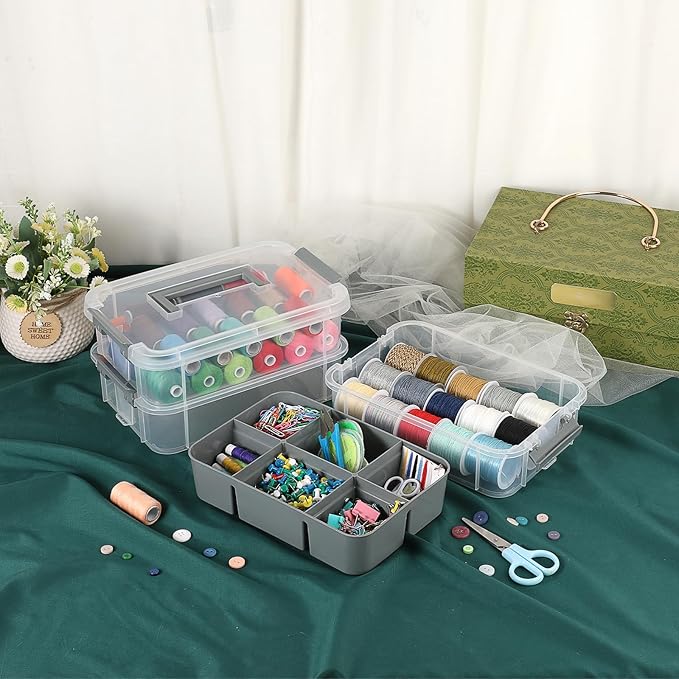 JUXYES 2 Pack 3-Tiers Stack Carry Storage Box With Divided Tray Transparent Stackable Storage Bin With Handle Lid Latching Storage Container for School &amp Office Supplies Dark Gray