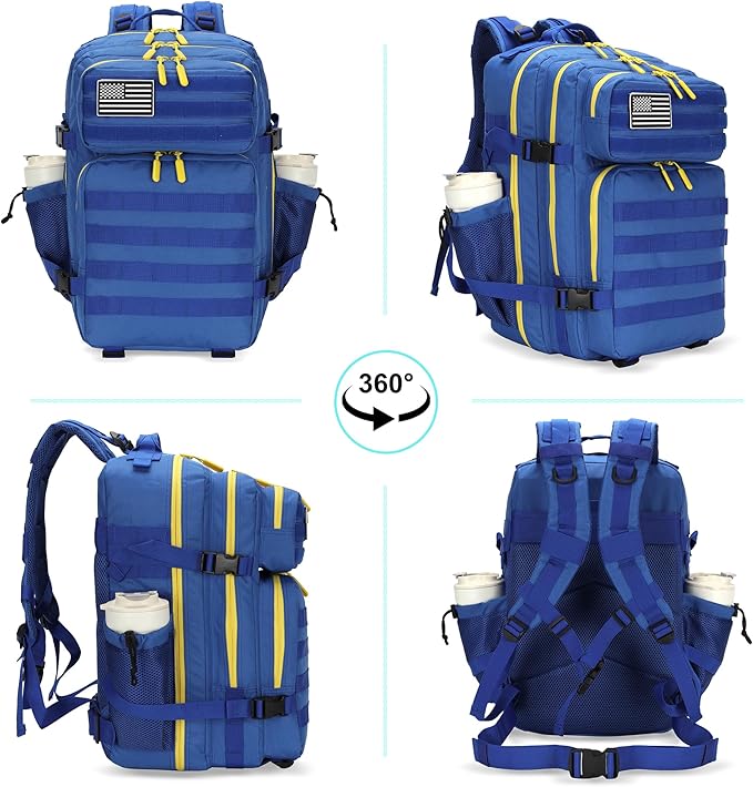 Lovelinks21 25L Tactical Military Backpack Small Travel Rucksack for Men and Women Assault Pack Bug Out Bag Molle Daypack Gym Backpack with Bottle Holder (Blue Yellow)