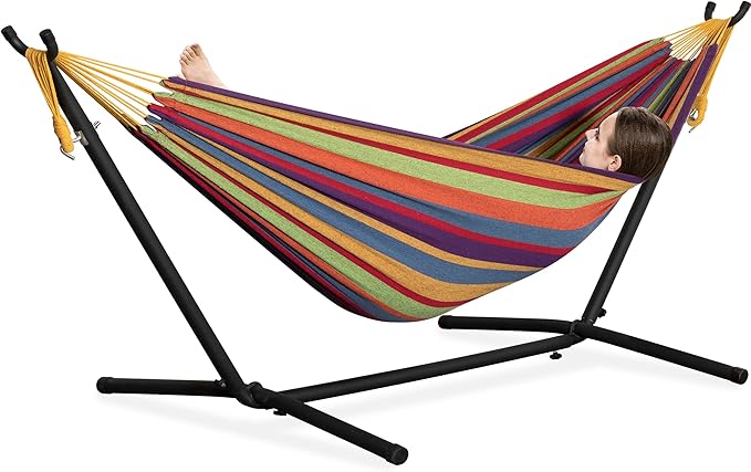 PNAEUT Double Hammocks with Stand for Outside Portable Space Saving Heavy-Duty Steel Stand for Indoor Outdoor Patio 450 lbs Capacity (Tropical)
