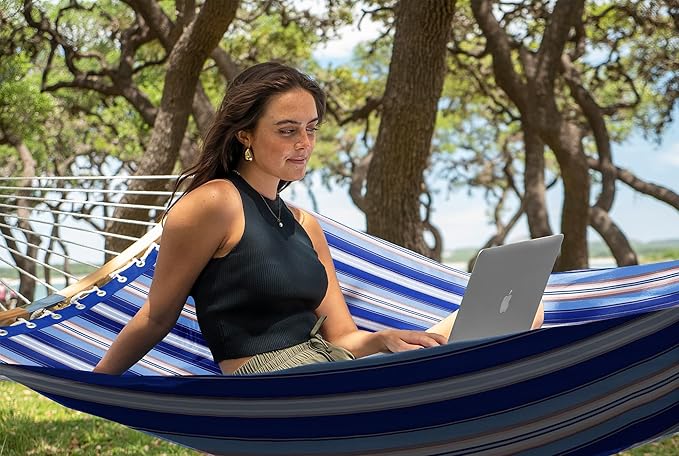 SUPERJARE Hammock with Stand 2 Person Heavy Duty Hammock with Padded Cotton Detachable Pillow &amp Strong Curved-Bar &amp Portable Carrying Bag Perfect for Outdoor &amp Indoor Navy Blue Stripe