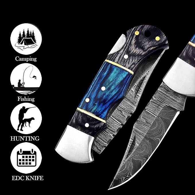 Pocket Knife 2.92 Drop Point Damascus Steel Blade Folding Knife with Blue &amp Black Wood Handle Back Lock EDC Knives with for Men Women GK-751 (Black &amp Blue)