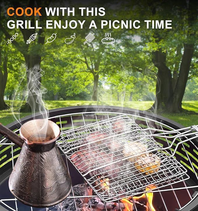 23 Inch Cast Iron Round Fire Pit with Grill 3-in-1 Outdoor Fire Bowl Fire Pit Table with Metal Lid and Fire Poker Wood Burning Firepit for BBQ Bonfire Patio Picnic