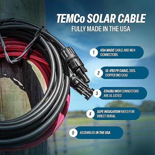 TEMCo Solar Panel Extension Cable 12 AWG 15 Ft Red + 15 Ft Black w/Staubli MC4 Connectors