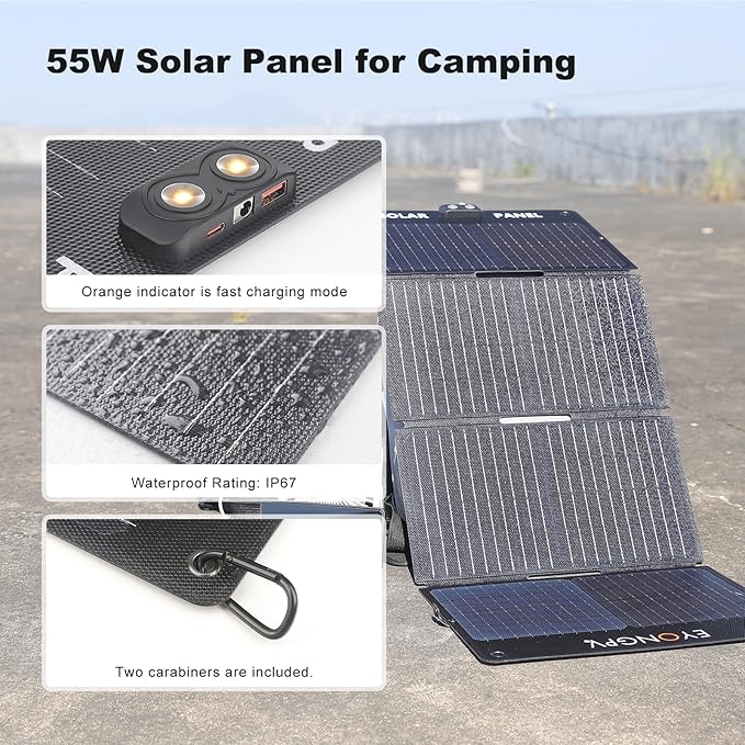 EYONGPV 55W Foldable Solar Panel Charger with Owl-Eye LED USB-C &amp USB-A DC Fast Charging Portable Solar Charger for Camping Hiking RV Outdoor Compatible with iPhone iPad Samsung Galaxy GP