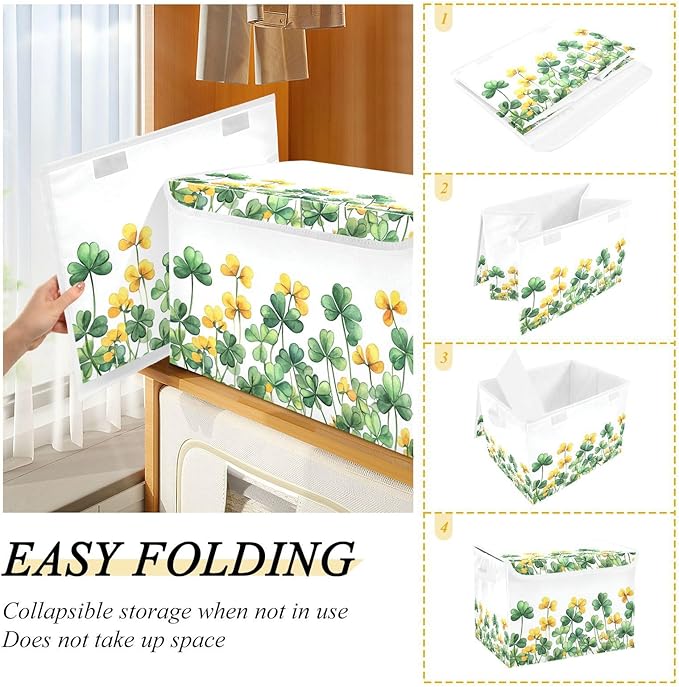 senya St. Patrick's Day Baskets Collapsible Storage Bins with Lids Border Of Green Clover Yellow Flowers Storage Boxes Clothes Baskets for Organizing
