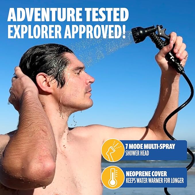 SUN NINJA Portable Shower and Bucket Hat Bundle with Multi-Spray Shower Head Neoprene Cover UPF 50+ Reversible Sun Hat Shoulder Strap - Outdoor Camping Beach Hiking &amp Sun Protection