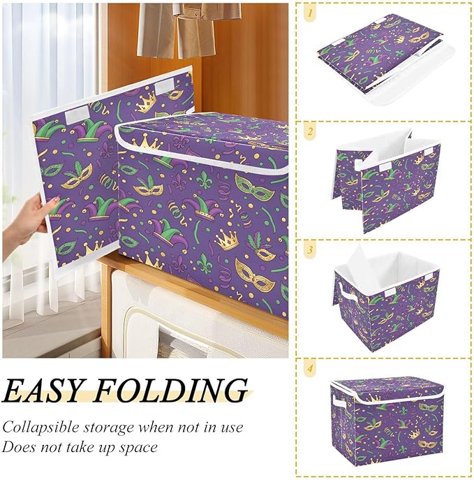 Collapsible Storage Bins with Lids Mardi Gras Carnival (2) Foldable Fabric Organizer Baskets for Closet Home &amp Seasonal Decor 16.5x12.6x11.8 Inches
