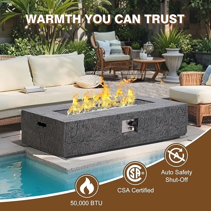 Outdoor Propane Fire Pit Table Set – Premium Slate-Like MgO Finish 48-Inch Gas Fire Table for Patio Garden &amp Backyard Includes Rain Cover &amp Glass Beads