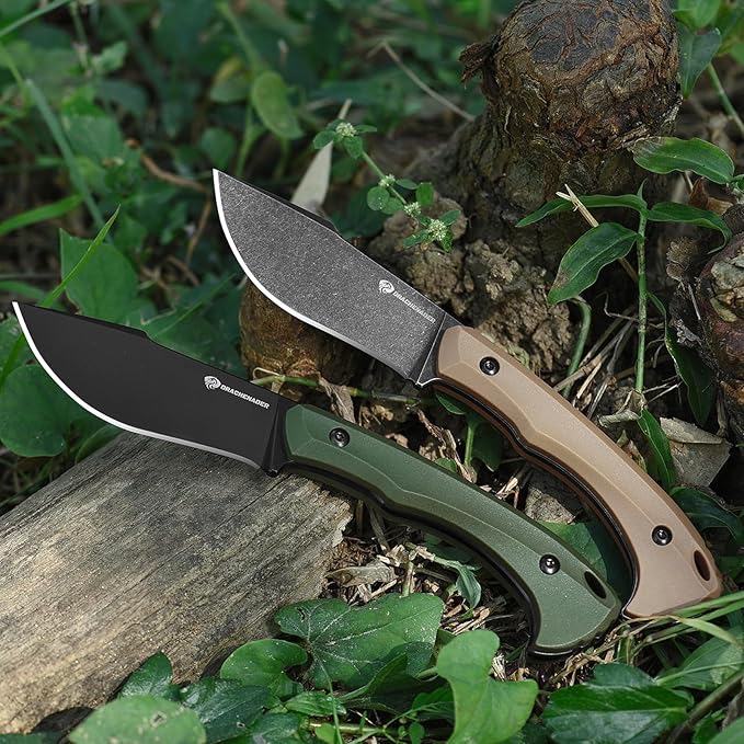 DRACHENADER Survival Knife with Fire Starter L-Y 7.68 Full Tang Small Fixed Blade Knife with Belt Clip Khaki + Stonewashed Black