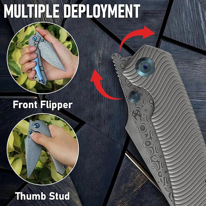 KANSEPT Fenrir Pocket Knife 3.48 Damascus Blade with Flipper and Thumb Stud Frame Lock for Camping Outdoor with Beadblasted Titanium Handle and Micro-Milled Water Ripple Texture K1034C4