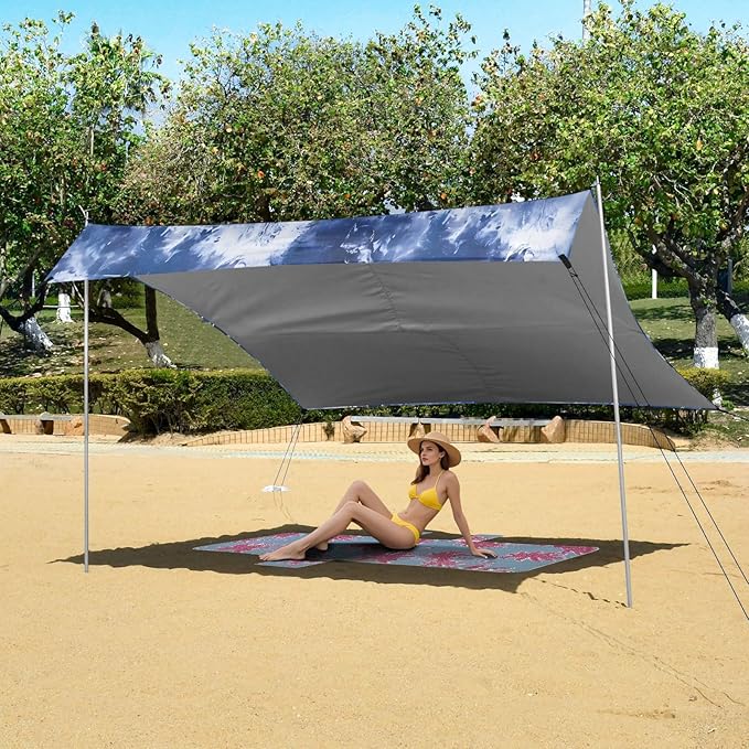 ALAZA Blue Tie Dye Indigo Beach Tent Sun Shelter UPF50+ Protection Beach Shade Canopy w/ 4 Sandbags for Outdoor Camping Fishing Backyard Fun Picnic 10x9 ft