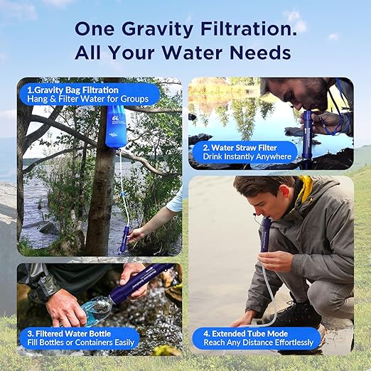 Membrane Solutions Gravity Water Filter Pro 6L NSF/ANSI 42&amp372&amp401 Certified 0.1 μm Versatile Water Purifier Camping with Adjustable Tree Strap Storage Bag Survival Gear for Emergency Prepa