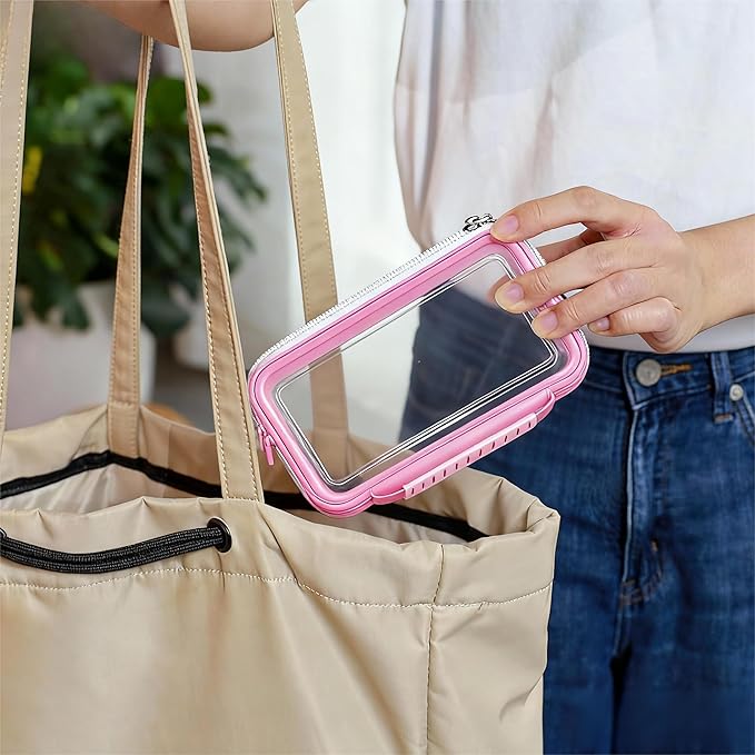 Bottom-Deepened-3 Pack Clear Hard Shell Zipper Case L+M+SPortable Zipper Bags Waterproof Cosmetics BagsOrganizer Pouch For SnacksToyDiapersTravelPink