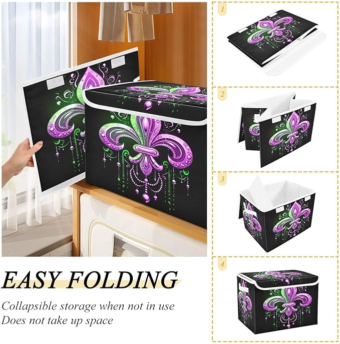 Storage Baskets with Lids Collapsible Bins Mardi Gras Stackable Fabric Linen Baskets Closet Organizer Container 16.5x12.6x11.8