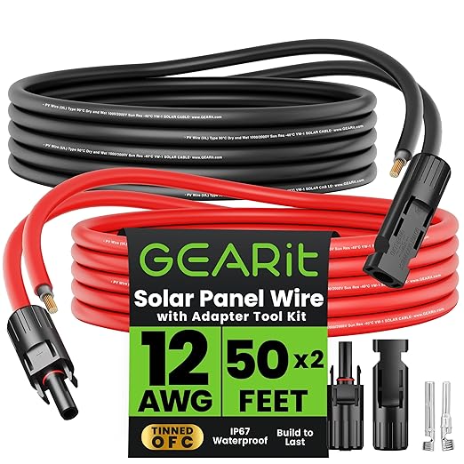 GEARit 12 Gauge Solar Panel Extension Cable 50 Ft Each(100 Feet Total) with MC4 Male to Female Connectors Tool Kit 12 AWG OFC Solar Panel Cord for RVMarineOff-GridCamping &amp Home Backup