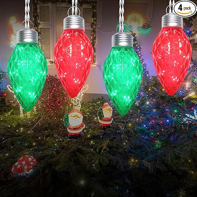 Red and Green Jumbo C9 Christmas Lights - 4 Bulbs 60 LED Giant C9 Outdoor Hanging String Lights for Tree Porch Gazebo Eave Decorations 12 Feet White Wire Connectable Red and Green - Twinkling