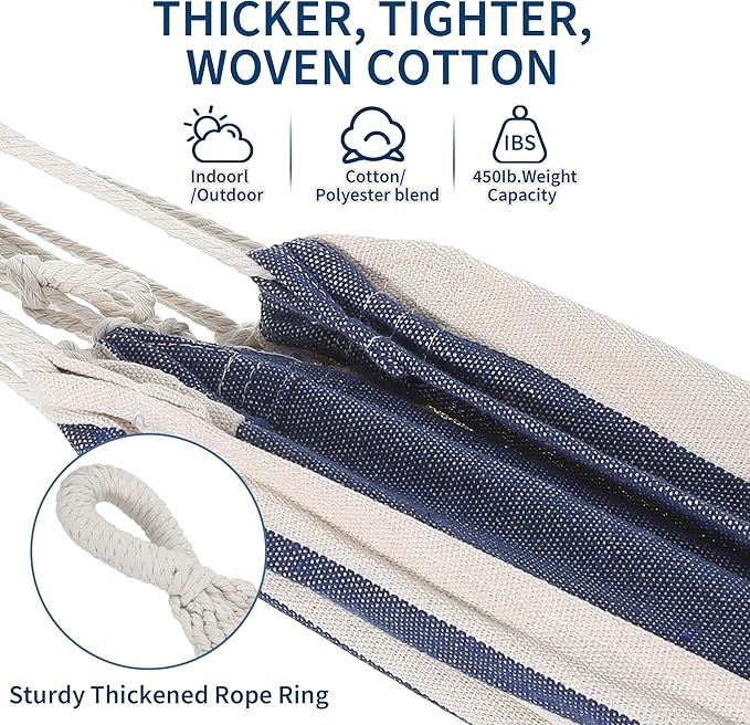 GAOMON Double Hammock with Steel Stand for Outside Portable Space Saving for Indoor Outdoor Patio w/Carrying Bag 450 lbs Capacity - Blue&ampWhite Stripes
