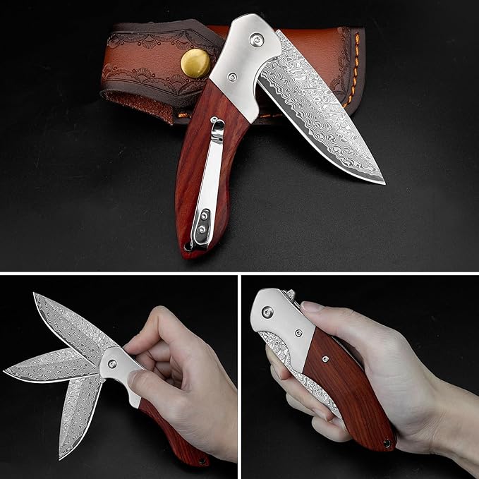 KOMWERO Damascus Pocket Knife Sharp Damascus Steel Knife with Core VG10 Steel Blade Wood Handle Folding Knife with Clip for Men Hunting 60 HRC