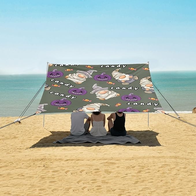 ALAZA Gnome Pumpkin Halloween Beach Tent Sun Shelter UPF50+ Protection Beach Shade Canopy w/ 4 Sandbags for Outdoor Camping Fishing Backyard Fun Picnic 10x9 ft