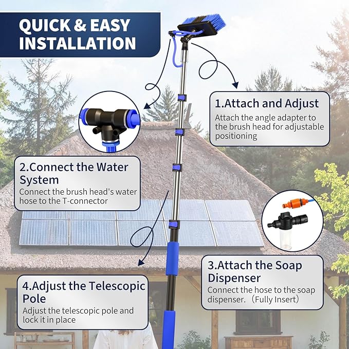 20FT Water Fed Solar Panel Cleaning Kit Telescopic Solar Panel Cleaning Brush with Extension Pole &amp Soap Dispenser for Household &amp Outdoor