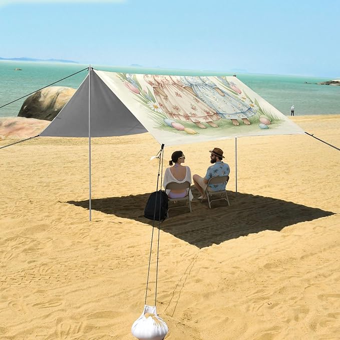 xigua Easter Bunny Beach Tent Sun Shelter with Carrying Bag - Silver Coated Oxford Fabric Beach Canopy for Beach Camping Fishing - Includes Windproof Ropes Sandbags &amp Stakes