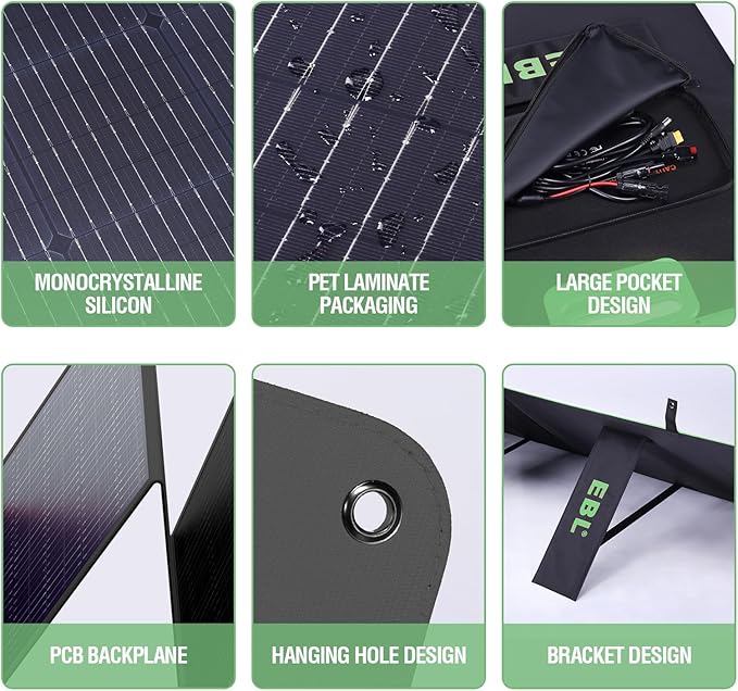 EBL 200W Portable Solar Panel High Efficiency Solar Power Panel for Home RV Camping Marine Off-Grid Applications Weatherproof Solar Charging Solution