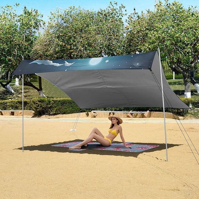 ALAZA Cute White Tiger Starry Beach Tent Sun Shelter UPF50+ Protection Beach Shade Canopy w/ 4 Sandbags for Outdoor Camping Fishing Backyard Fun Picnic 10x9 ft